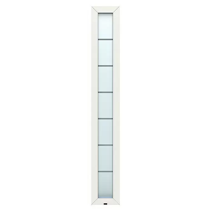 Gerda Seitenteil Altus Kyoto - 30 x 210 cm, Verkehrsweiß, Sandgestrahlt mit Klarstreifen - Weiße Innentür mit Milchglasfeldern, horizontalen grauen Trennstegen und schwarzem Griff.