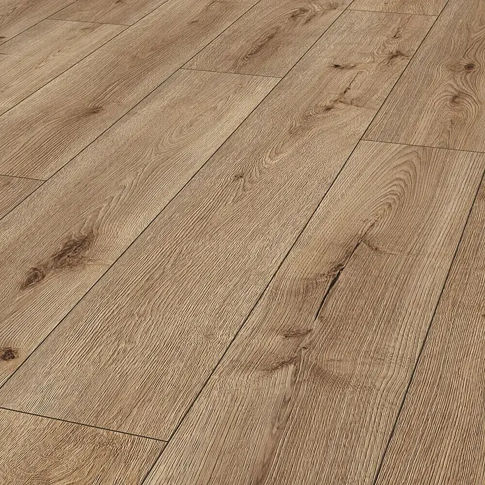 LOGOCLIC Aquaprotect Laminatmuster Piton Oak - 297 x 245 x 8 mm, Landhausdiele - Nahaufnahme von Laminatboden mit Holzmaserung in warmen Brauntönen, der ein realistisches und natürliches Aussehen bietet.