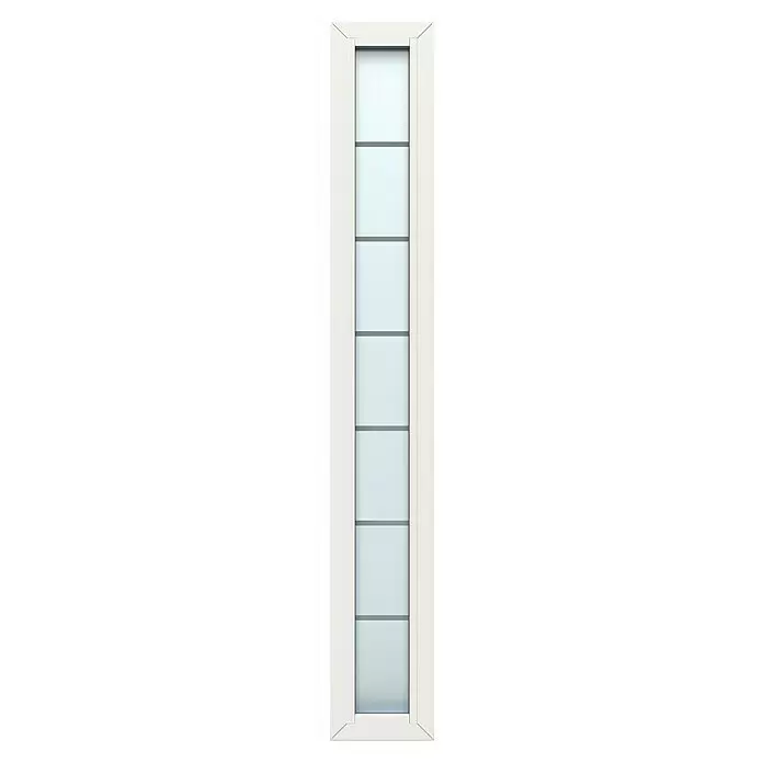 Gerda Seitenteil Altus Kyoto - 30 x 210 cm, Verkehrsweiß, Sandgestrahlt mit Klarstreifen - Weiße Tür mit sechs transluzenten Glaspaneelen, die durch horizontale Trennleisten getrennt sind.