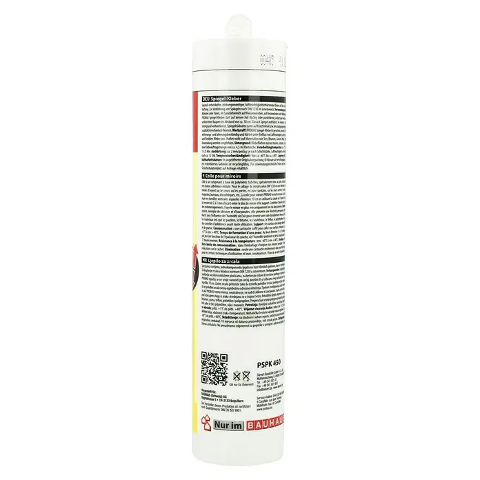 Probau Spiegelkleber - Natur, 310 ml - Die Rückseite einer Kartusche BauFix Spiegel-Kleber PSPK 450, mit Informationen zu Anwendung, Inhaltsstoffen und Hersteller.