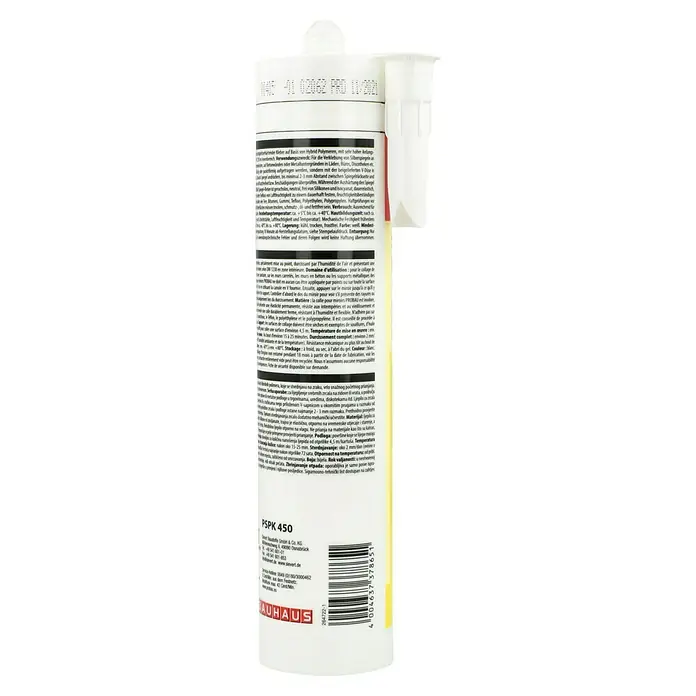 Probau Spiegelkleber - Natur, 310 ml - Etikett eines PROBAU PSPK 450 Hybrid Polymer Klebers mit Details zu Anwendung, Inhaltsstoffe, Lagerung und Herstellerinformationen.