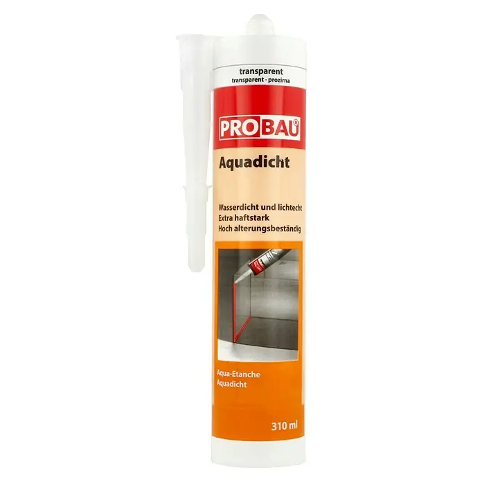 Probau Aquadicht - 310 ml - Produktabbildung einer Kartusche Aquadicht transparent von Probau, die wasserdicht, lichtecht, extra haftstark und hoch alterungsbeständig ist.