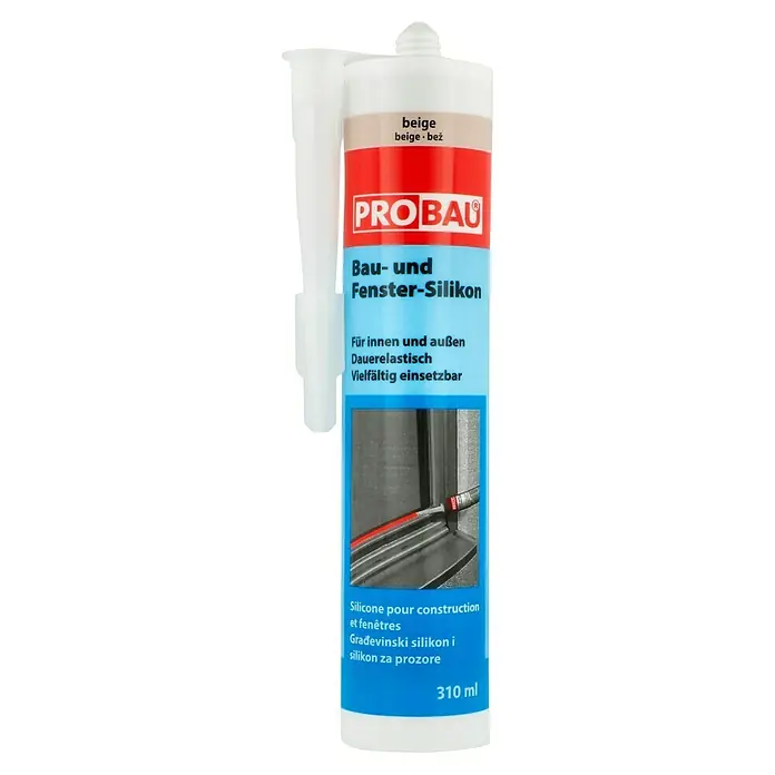 Probau Fenster-Silikon - Beige, 310 ml - Abbildung einer Kartusche Bau- und Fenster-Silikon der Marke Pro Bau in der Farbe Beige für den Innen- und Außenbereich.