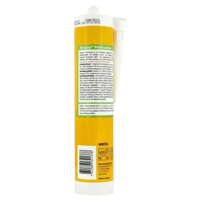 Sika Acryl Professional - Weiß, 300 ml - Bild einer Kartusche Sikacryl® Professional Dichtstoff in Gelb und Weiß.