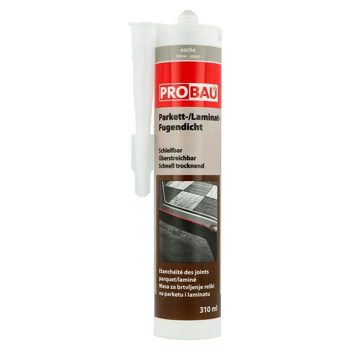 Probau Parkett-Laminat-Fugendicht - Esche, 310 ml - Ein weißer Tube Pro Bau Parkett-/Laminat-Fugendicht, der für die Abdichtung von Parkett- und Laminatfugen verwendet wird.