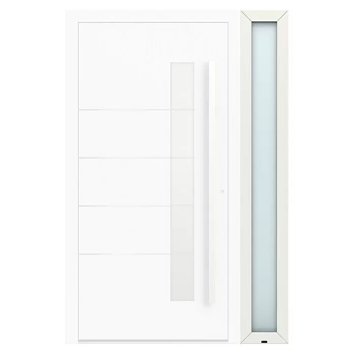 Gerda Seitenteil Altus Kyoto - 30 x 210 cm, Verkehrsweiß, Sandgestrahlt - Transparente Glastür mit langem, vertikalem Milchglaseinsatz in weißem Rahmen.