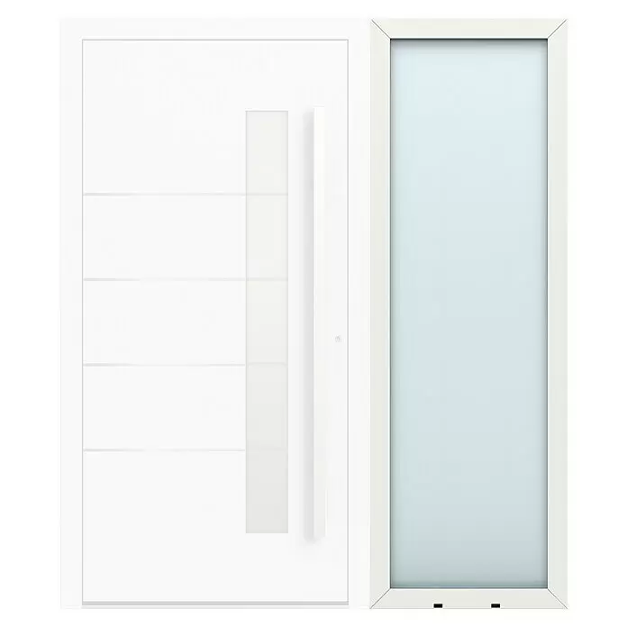 Gerda Seitenteil Altus Kyoto - 70 x 210 cm, Verkehrsweiß, Sandgestrahlt - Weißer, vertikaler Fensterrahmen mit hellblauem Glas und dunklen Verschlüssen unten.