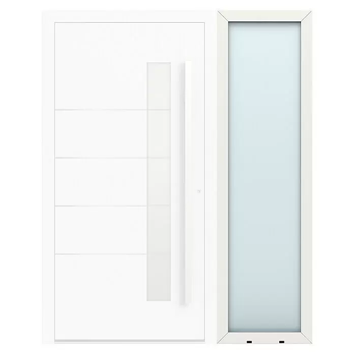 Gerda Seitenteil Altus Kyoto - 60 x 210 cm, Verkehrsweiß, Sandgestrahlt - Weißer Fenster- oder Türrahmen mit hellblauer Glasscheibe und schwarzen Riegeln unten.