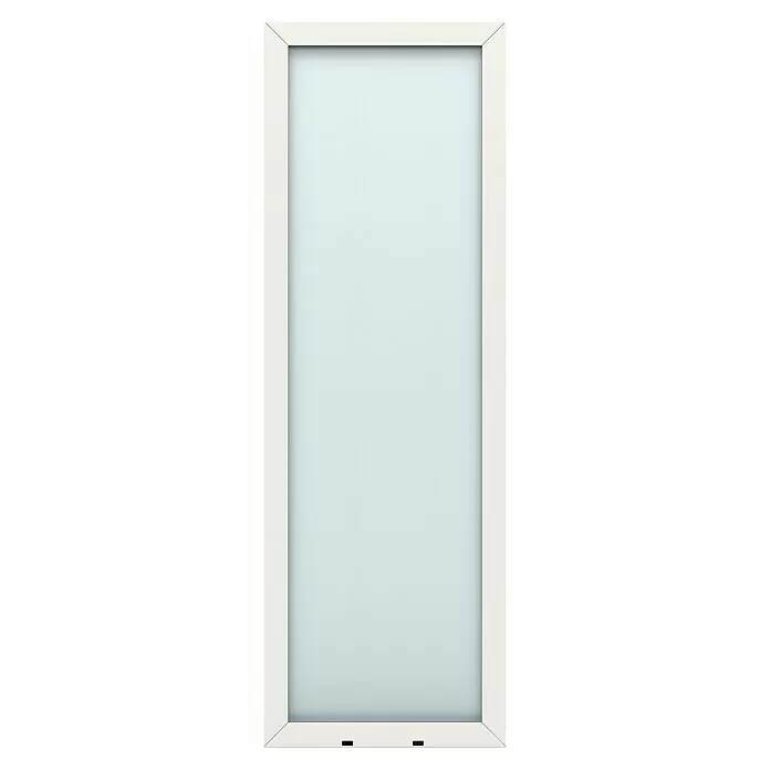 Gerda Seitenteil Altus Kyoto - 70 x 210 cm, Verkehrsweiß, Sandgestrahlt - Schmaler, weiß gerahmter Fenstereinsatz mit hellblauem Glas und schwarzen Verschlüssen.