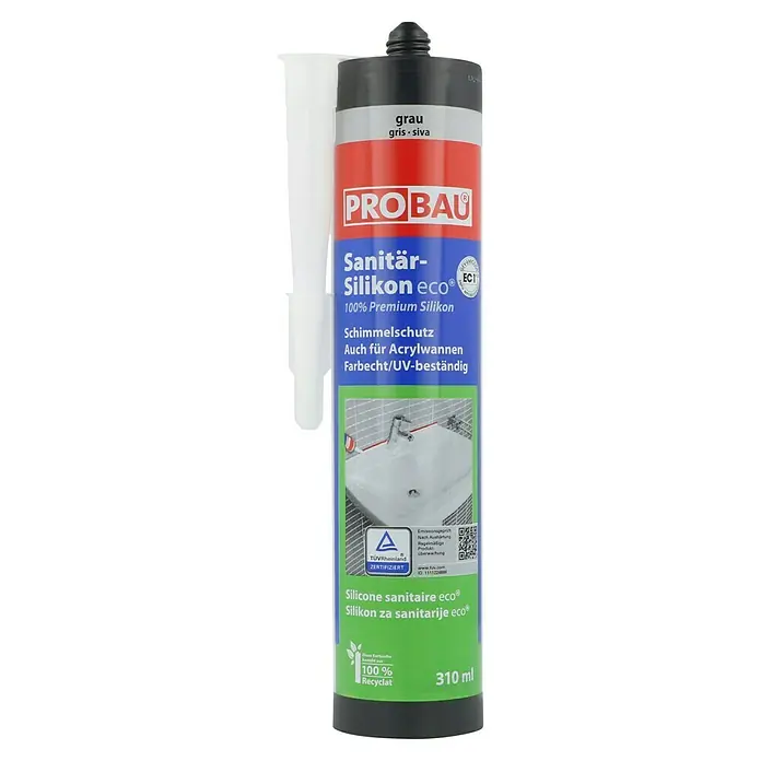 Probau eco Sanitär-Silikon - Grau, 310 ml - Eine Kartusche Sanitär-Silikon Eco von Pro Bau in Grau, ideal für Bad und Küche, schützt vor Schimmel und ist UV-beständig.