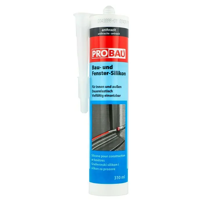 Probau Fenster-Silikon - Anthrazit, 310 ml - Produktbild eines anthrazitfarbenen Bau- und Fenster-Silikons von PROBAU, ideal für Innen- und Außenanwendungen, mit 310ml Inhalt.