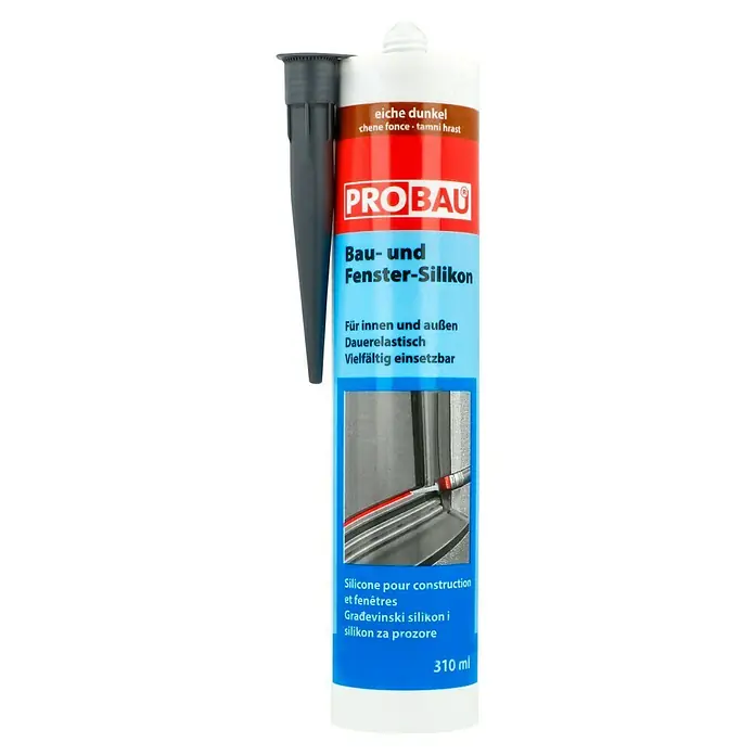 Probau Fenster-Silikon - Eiche Dunkel, 310 ml - Abbildung einer Kartusche Bau- und Fenster-Silikon von Probau, Farbton Eiche dunkel, mit aufgesetzter Spitze und der Füllmenge 310 ml.