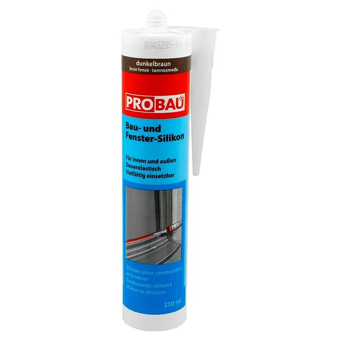 Probau Fenster-Silikon - Dunkelbraun, 310 ml - Abbildung einer Kartusche Bau- und Fenster-Silikon von Probau in Dunkelbraun, ideal für Innen- und Außenbereiche, dauerelastisch und vielseitig einsetzbar.