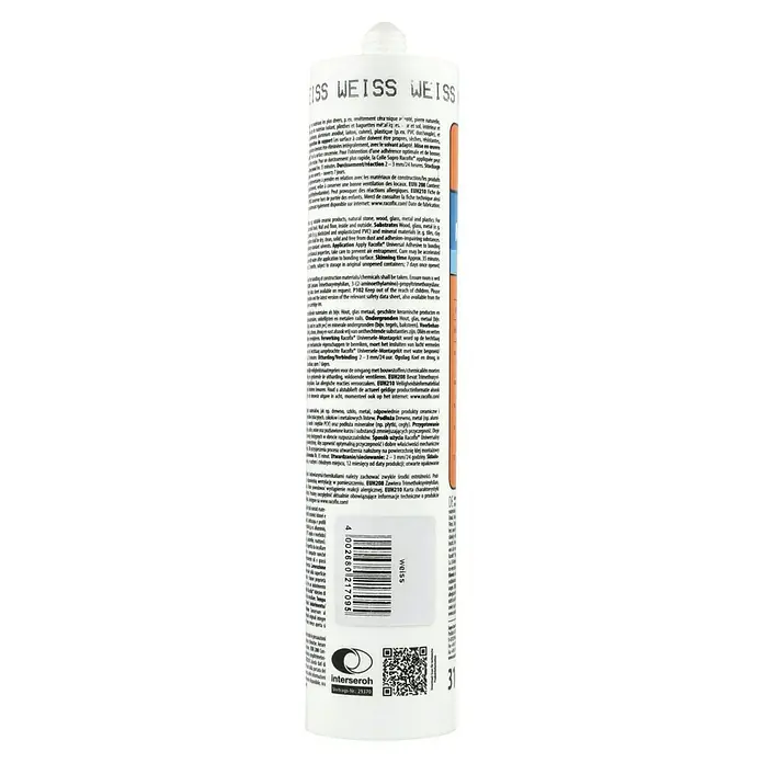 Racofix Universal-Montagekleber - 310 ml - Nahaufnahme der Rückseite eines Racofix Universal Klebstoffbehälters mit Informationen zu Inhaltsstoffen und Anwendung.