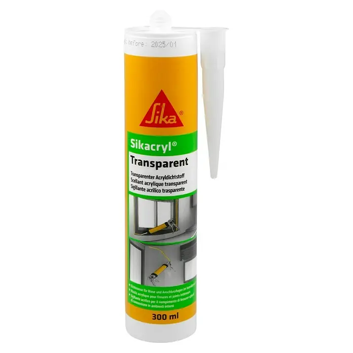 Sika Acryl-Dichtmasse - Transparent, 300 ml - Abbildung einer Kartusche Sikacryl® Transparent Acryldichtstoff, ideal zum Füllen von Rissen und Anschlussfugen im Innenbereich.