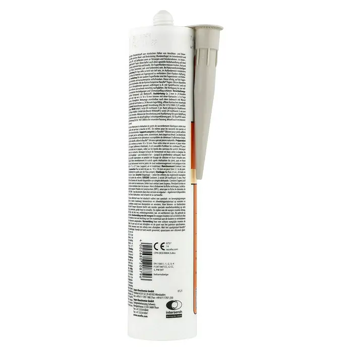 Racofix Universal-Silikon - Bahama Beige, 310 ml - Nahaufnahme einer Kartusche Racofix Fugensilikon in Bahamabeige, ideal für elastische Füllungen und Anschlussfugen im Innen- und Außenbereich.