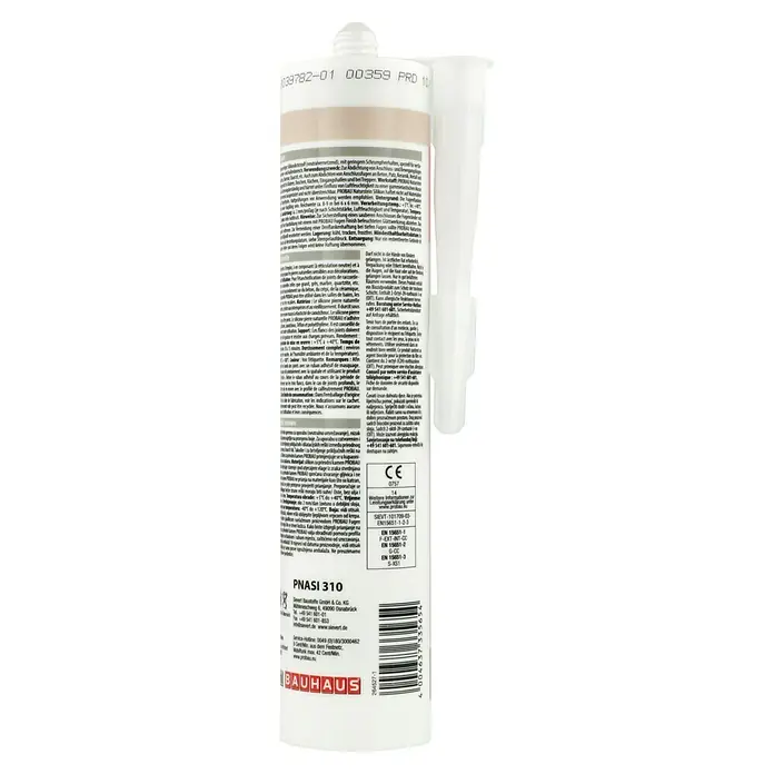Probau Naturstein-Silikon - Beige, 310 ml - Nahaufnahme einer Kartusche PNASI 310 von BAUHAUS, ein Dichtstoff für verschiedene Anwendungen im Innen- und Außenbereich.