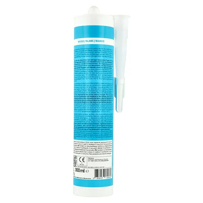 Acryl-Dichtmasse - Weiß, 300 ml - Nahaufnahme einer Kartusche Acryl-Dichtstoff, ideal zum Abdichten von Fugen und Rissen im Innen- und Außenbereich.
