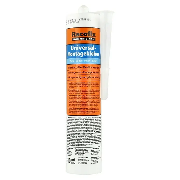 Racofix Universal-Montagekleber - 310 ml - Bild eines Racofix Universal-Montageklebers, ideal für Holz, Glas, Metall und Kunststoff, witterungs- und alterungsbeständig.