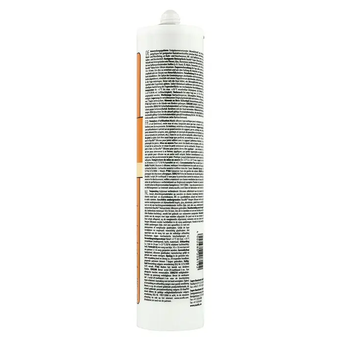 Racofix Universal-Silikon - Grau, 310 ml - Detailansicht der Racofix Naturstein-Siliconkartusche, speziell für Natursteinanwendungen, mit Anwendungs- und Sicherheitshinweisen aufgedruckt.