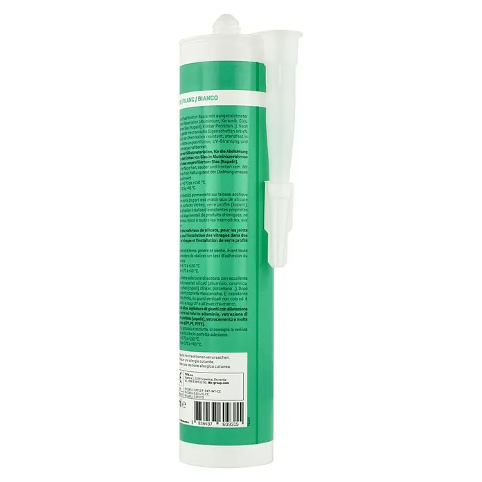 Sanitär-Silikon - Weiß, 300 ml - Eine Tube Silikon-Dichtmasse in Weiß und Grün, ideal zum Abdichten von Glas und anderen Materialien, für dauerhafte Verbindungen.