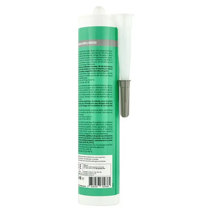 Sanitär-Silikon - Grau, 300 ml - Produktabbildung einer Kartusche Silikon-Dichtstoff in Grau, ideal für Glas und andere Materialien, mit langer Haltbarkeit und UV-Beständigkeit.