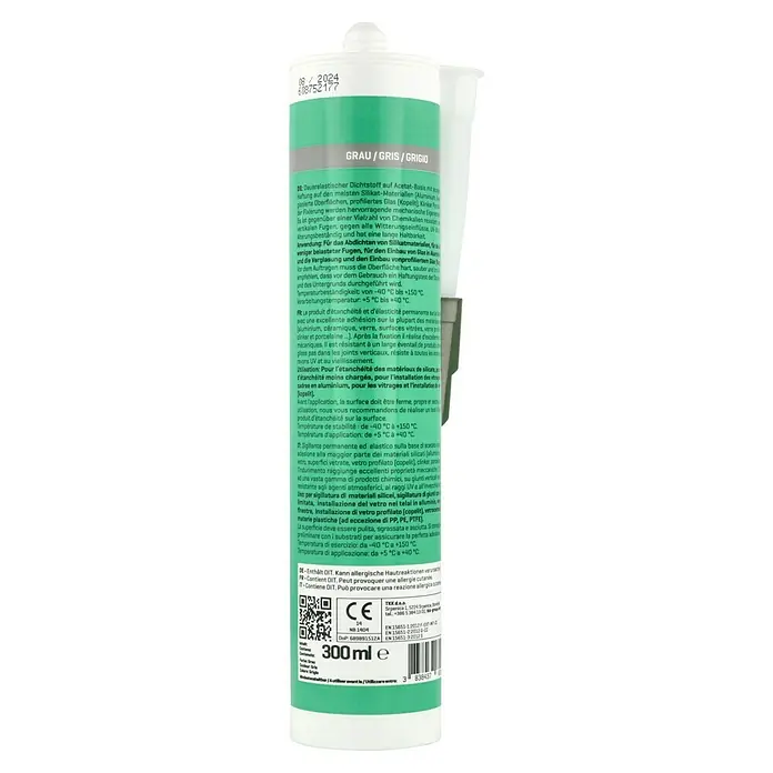 Sanitär-Silikon - Grau, 300 ml - Abbildung einer Kartusche mit grauer Dichtmasse.