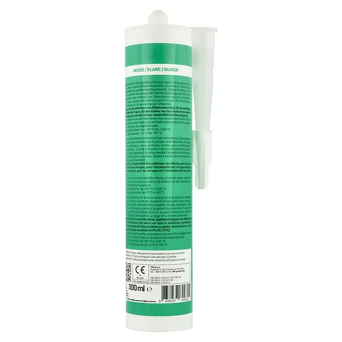 Sanitär-Silikon - Weiß, 300 ml - Nahaufnahme einer Kartusche mit weißem Silikon für verschiedene Materialien, ideal für Glas und Silikat. Temperaturbeständig von -40°C bis +150°C.