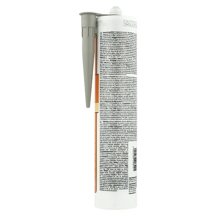 Racofix Universal-Silikon - Sandgrau, 310 ml - Abgebildet ist eine Kartusche Racofix Naturstein-Silicon in Sandgrau, ein Dichtstoff für Natursteinanwendungen.