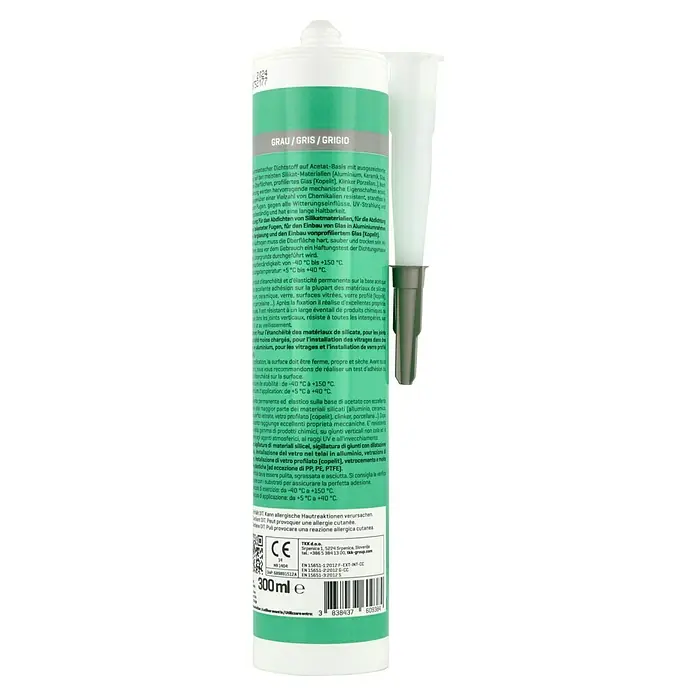 Sanitär-Silikon - Grau, 300 ml - Graue Silikonkartusche, ideal zum Abdichten von Glas und anderen Materialien, mit langer Haltbarkeit und UV-Beständigkeit.