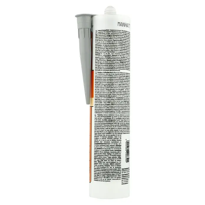 Racofix Universal-Silikon - Manhattan, 310 ml - Nahaufnahme einer Kartusche Racofix Manhattan Naturstein-Silikon, ideal für Naturstein, mit detaillierten Anwendungs- und Sicherheitshinweisen.