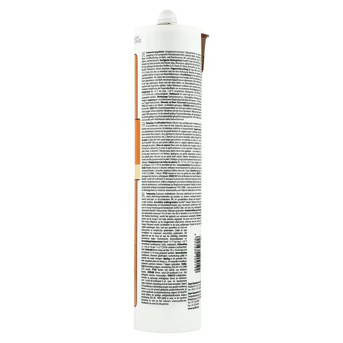 Racofix Universal-Silikon - Braun, 310 ml - Etikett einer Kartusche Racofix Naturstein-Silicon, essigsäurevernetzender Dichtstoff für Naturstein, mit Hinweisen zur Anwendung und Sicherheit.