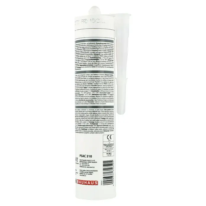 Probau Struktur-Acryl - Weiß, 310 ml - Close-up of a white "BAUHAUS PSAC 310" acrylic sealant cartridge, ideal for sealing joints and seams indoors and outdoors.