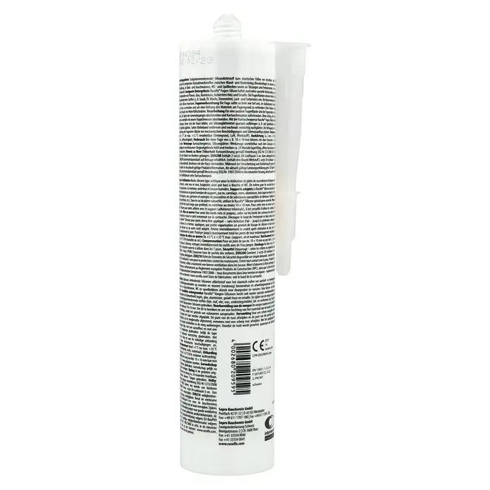 Racofix Universal-Silikon - Schwarz, 310 ml - Foto einer Kartusche Racofix Fugen-Silicon, einem Dichtstoff zum elastischen Füllen von Anschlussfugen.