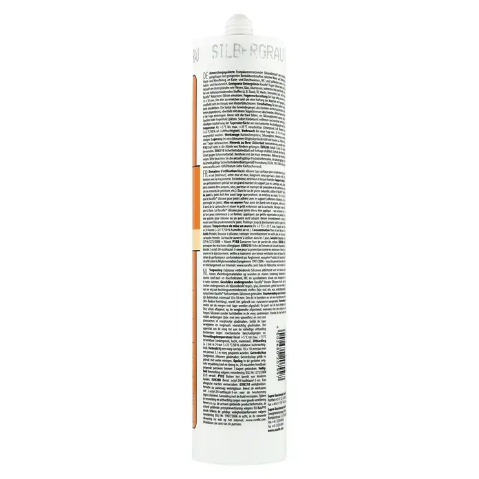Racofix Universal-Silikon - Silbergrau, 310 ml - Nahaufnahme einer Racofix Silbergrau Silikonkartusche, ideal für Fugenarbeiten im Innen- und Außenbereich.