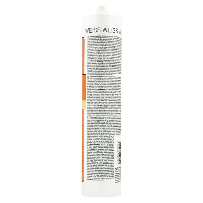 Racofix Universal-Silikon - Weiß, 310 ml - Nahaufnahme einer Kartusche Racofix Fugensilicon, ideal für Fugenarbeiten in Bad und Küche. Hohe Qualität für dauerhafte Ergebnisse.