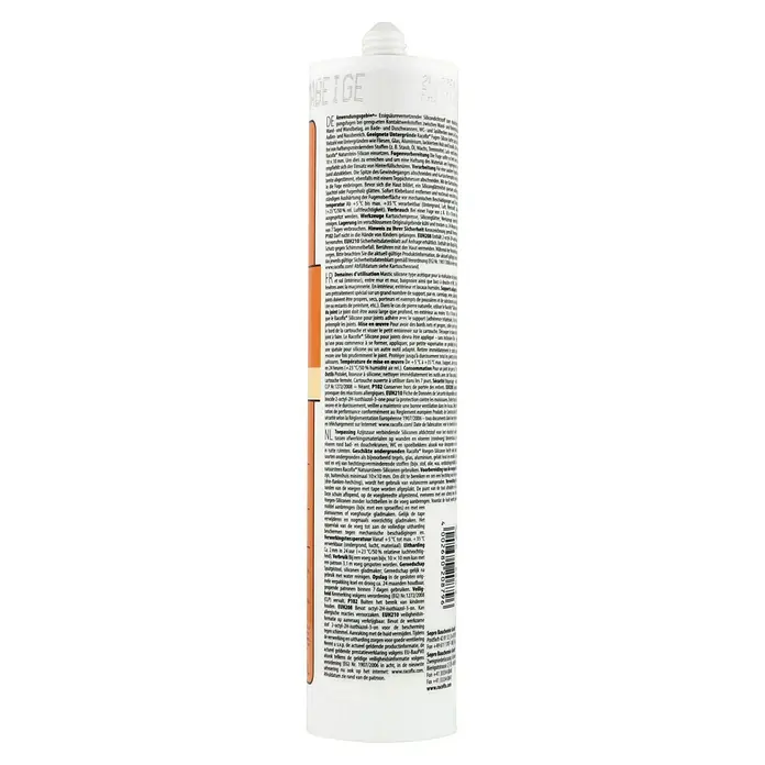 Racofix Universal-Silikon - Bahama Beige, 310 ml - Racofix Naturstein Silikon Kartusche in Beige mit technischen Details und Warnhinweisen für sichere Anwendung.
