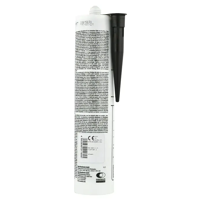 Racofix Naturstein-Silikon - Schwarz, 310 ml - Nahaufnahme einer Kartusche Racofix Dichtstoff, ideal für elastische Fugen.