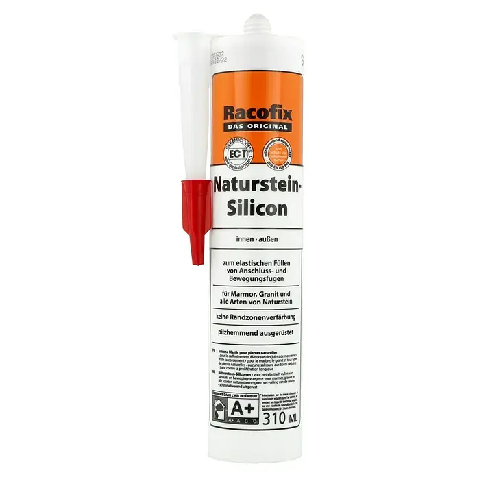Racofix Naturstein-Silikon - Silbergrau, 310 ml - Produktbild einer Kartusche Naturstein-Silicon von Racofix, ideal zum Abdichten von Marmor, Granit und Naturstein.