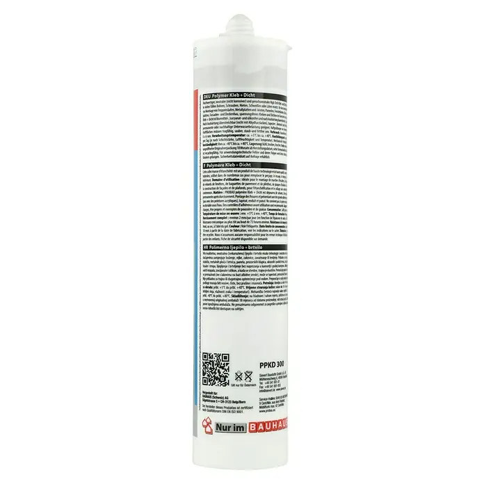 Probau Kleb- & Dichtmasse - Aluminiumfarben, 290 ml - Close-up of a white tube of "Polymer Kleb + Dicht" sealant by Nur im Bauhaus, perfect for bonding and sealing tasks.