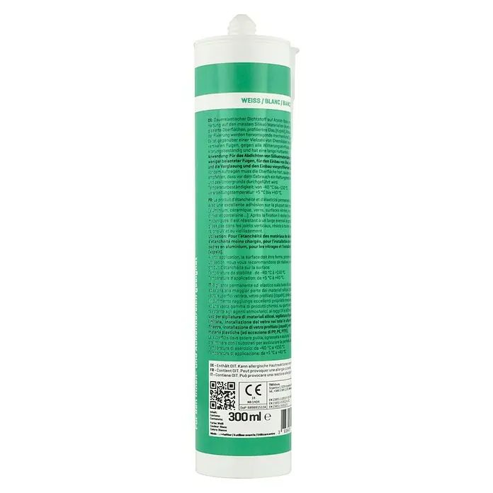 Sanitär-Silikon - Weiß, 300 ml - Tube mit weißem, dauerelastischem Dichtstoff auf Acetat-Basis, ideal für Silikatmaterialien und Verglasungen. Temperaturbeständig von -40°C bis +150°C.