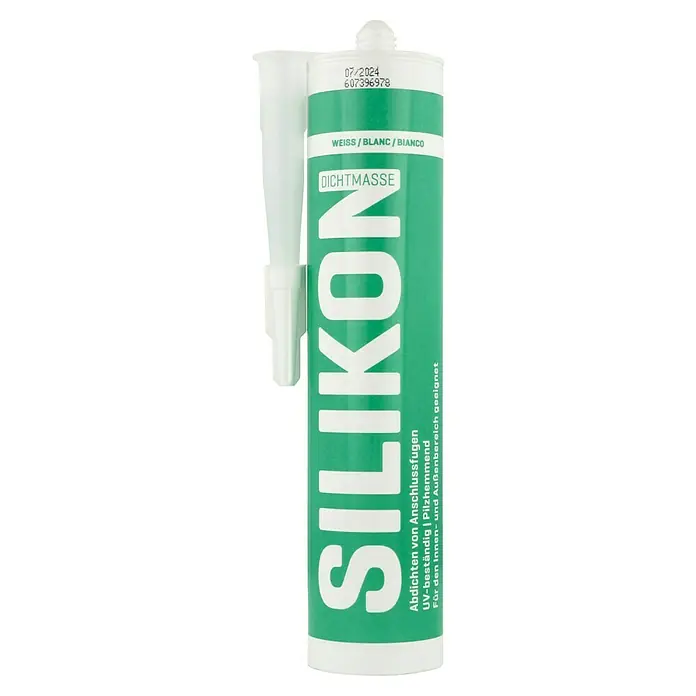 Sanitär-Silikon - Weiß, 300 ml - Produktbild einer Kartusche Silikon Dichtmasse in Weiß, geeignet für den Innen- und Aussenbereich, UV-beständig und Pilzhemmend.