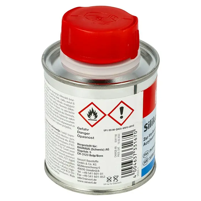 Probau Silikon-Voranstrich - 100 ml, Lösemittelbasiert - Silikon-Vorbehandlungsmittel für Acrylwannen zur Verbesserung der Haftung, inklusive Gefahrensymbolen und Barcode.