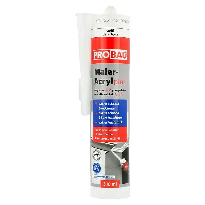 Probau Maleracryl Plus310 ml - Nahaufnahme einer Tube Probau Maler-Acryl Plus in Weiß, ideal zum Abdichten und für Malerarbeiten im Innen- und Außenbereich.