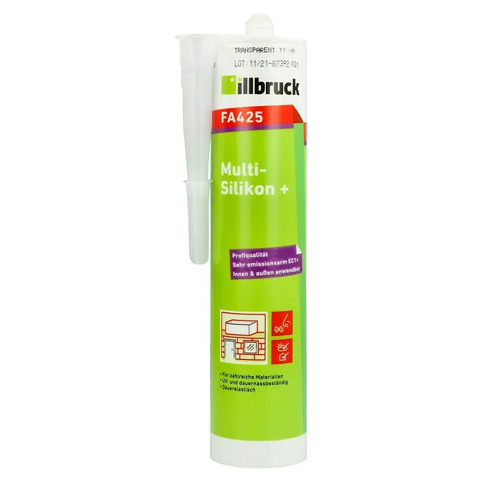 Illbruck Silikon - Transparent, 310 ml - Abbildung eines transparenten Illbruck FA425 Multi-Silikon + Dichtstoffs. Geeignet für verschiedene Materialien, UV- und Dauernassbeständig und dauerelastisch.