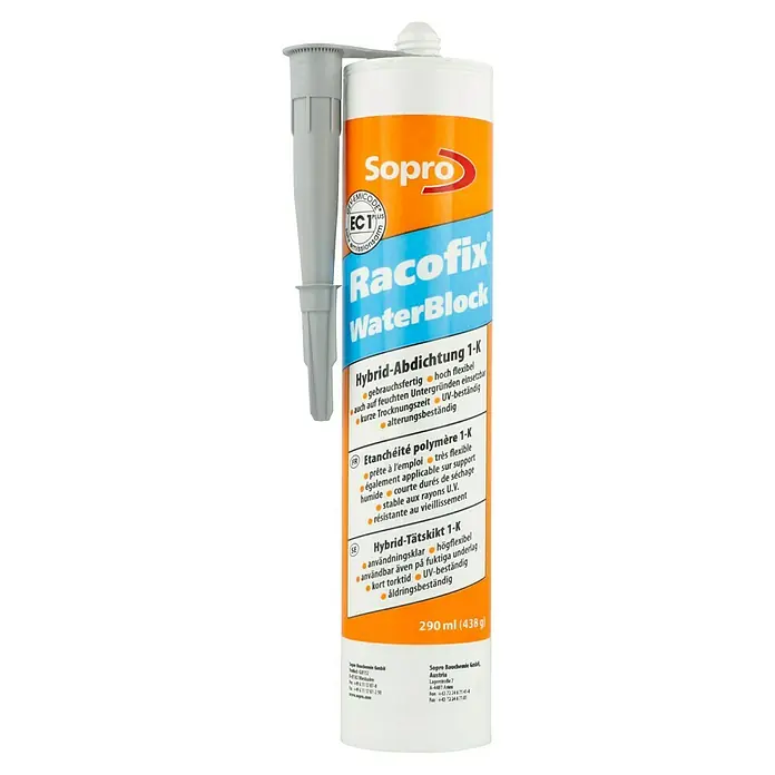 Racofix Dichtstoff Waterblock - 290 ml - Die Kartusche Sopro Racofix WaterBlock 1-K Hybrid-Dichtung, gebrauchsfertig und hochelastisch für den Einsatz auf feuchten Untergründen.