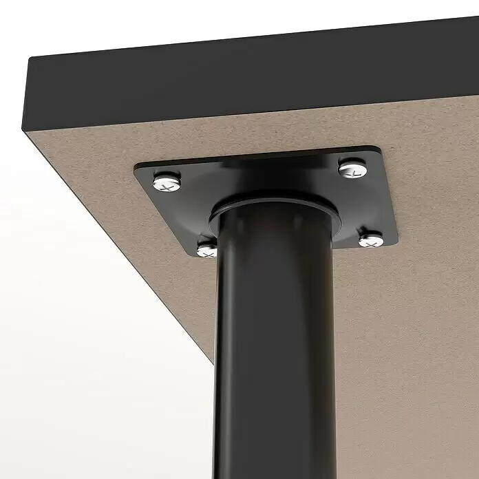 Rei Möbelfuß L 300 - Ø x H: 3 x 30 cm, Traglast: 150 kg, Stahl, Schwarz - Schwarzes Tischbein mit Montageplatte und silbernen Kreuzschlitzschrauben an der hellbraunen Tischunterseite befestigt.