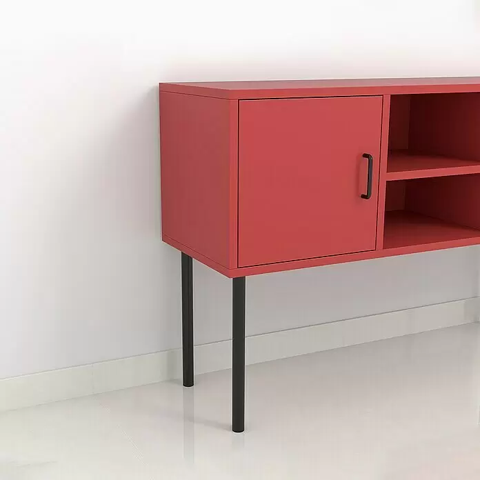 Rei Möbelfuß L 300 - Ø x H: 3 x 30 cm, Traglast: 150 kg, Stahl, Schwarz - Rotes Sideboard mit einer Tür, schwarzem Griff und offenen Regalfächern, auf schwarzen Beinen.