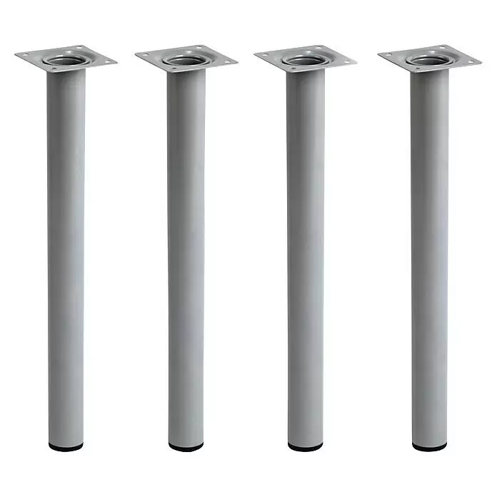Rei Möbelfuß L 300 - Ø x H: 3 x 30 cm, Traglast: 150 kg, Stahl, Silber - Vier silbergraue Metalltischbeine mit quadratischen Montageplatten und schwarzen Füßen.