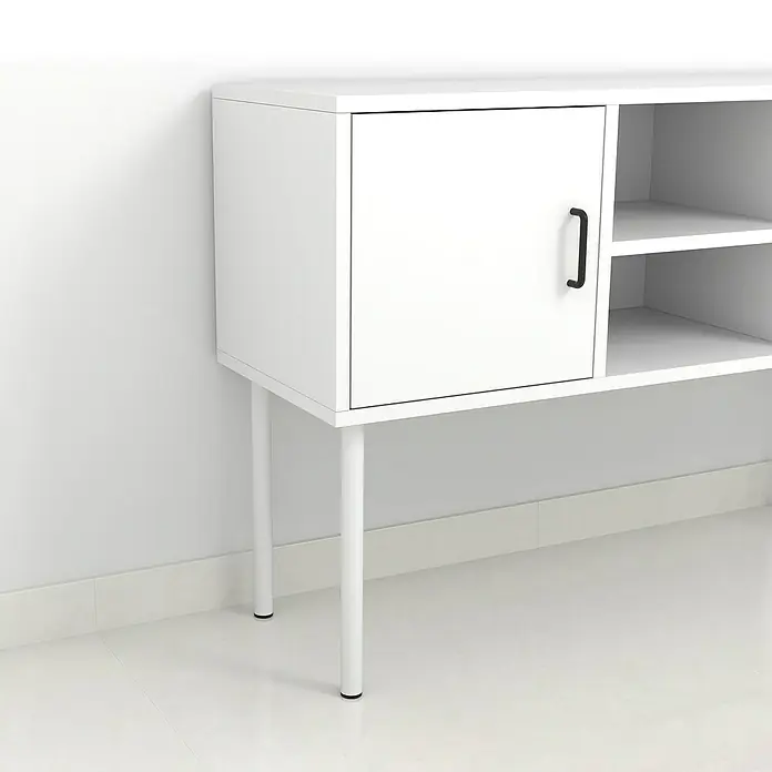 Rei Möbelfuß L 300 - Ø x H: 3 x 30 cm, Traglast: 150 kg, Stahl, Weiß - Modernes Sideboard in Weiß mit einer Tür und offenen Fächern, ideal für stilvolle Aufbewahrung im Wohnbereich.
